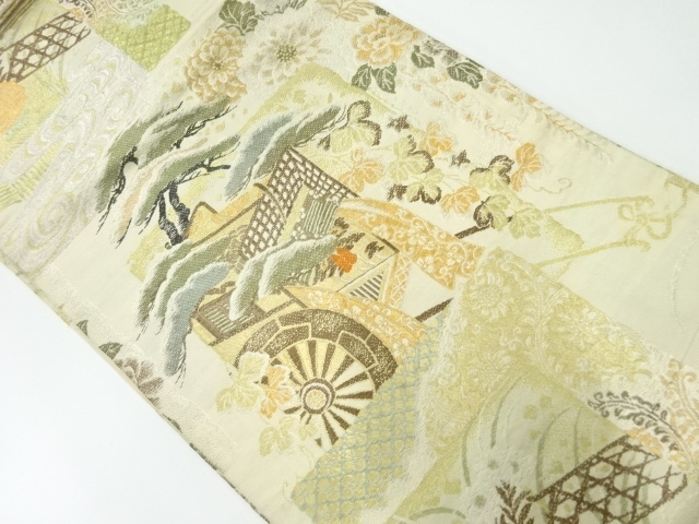 JAPANESE KIMONO / ANTIQUE MARU OBI / WOVEN CARRIAGE WITH PINE & KIKU